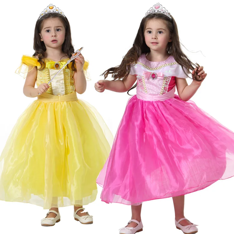 

Children Girls Princess Cosplay Costume Belle Aurora Dresses Kids Halloween Costumes Short Sleeve Party Fancy Performance Dress