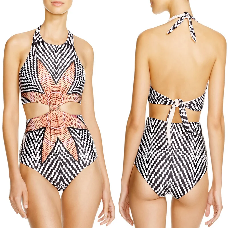 

Striped Bandaged Print Wire One Piece Swimsuit Women Swimwear Female Underwired Bather 2019 Bathing Suit Swim Lady Monokini