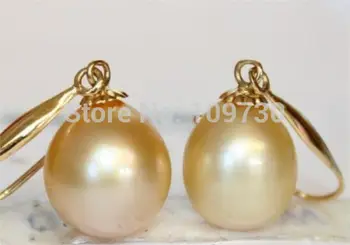

ry00313 PAIR OF PERFECT NATURAL SOUTH SEA GENUINE 14X11MM GOLD DROP PEARL EARRING AAA (C0328)