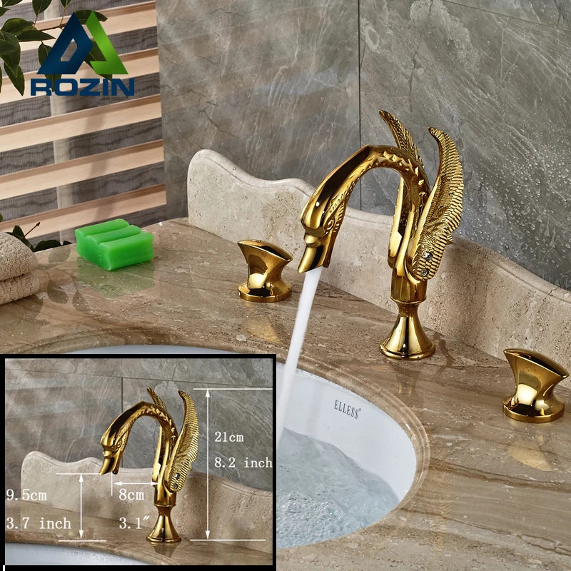 

2016 Newly Widespread Basin Sink Mixer Faucet Deck Mount 3 Holes 2 Handle Bathroom Faucet in Golden