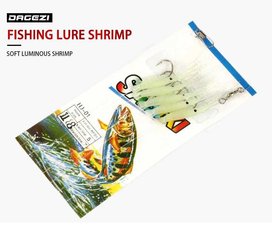 DAGEZI Soft Luminous shrimps New 5pcs/set Fishing Lure Luminous Shrimp Bait Jigs Lure soft lure Worm Fake lure 5 size 4