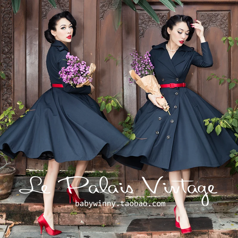 

40- le palais vintage 50s classic black elegant double breasted swing ladies trench coat plus size abrigos mujer elegant coats