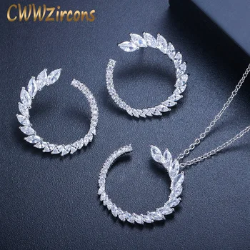 

CWWZircons Brand Designer Cubic Zirconia Round Leaf Pendant Necklace Earrings 925 Sterling Silver Fashion Jewelry Sets 2020 T295