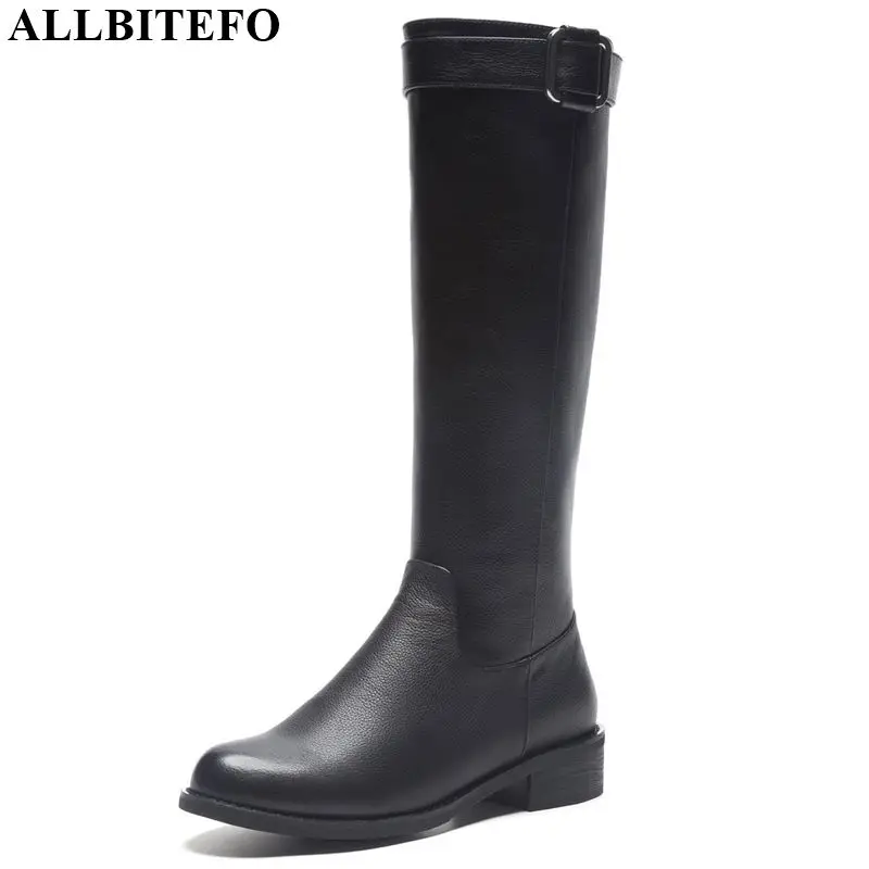 

ALLBITEFO genuine leather+pu thick heel women knee high boots fashion buckle winter snow long women boots ankle boots for women