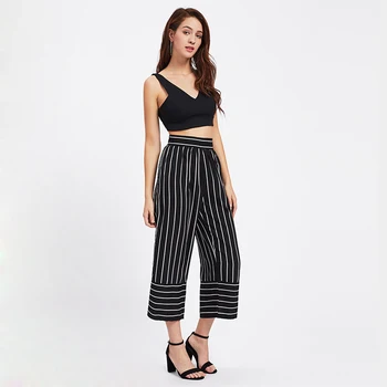

New Fashion Women Pant Casual Ladies Wide Leg Pants Loose Stripe Pants Female Cotton Blend High Waist Pants Sexy Womens Clothes