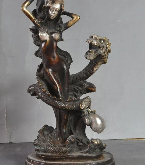 

11" Old Chinese Bronze Dragon Play Bead Belle Beautiful women Art Lucky Statue