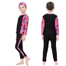 Мусульманская Детская летняя одежда для купания полный комплект из трех предметов: шапочка+ блузка+ штаны элегантные исламские купальные костюмы с героями мультфильмов для девочек от 2 до 12 лет