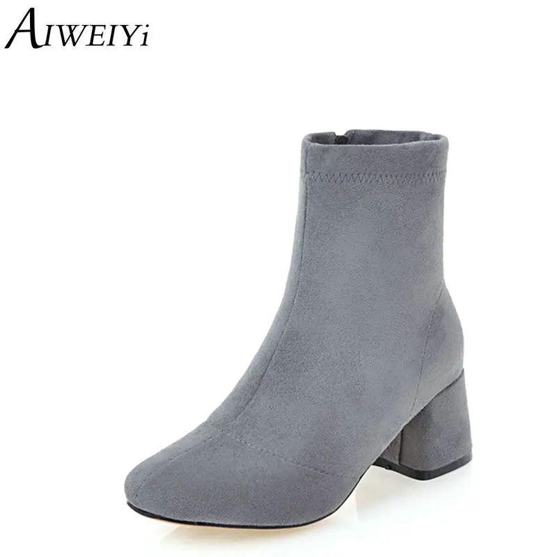 

AIWEIYi Black Ankle Boots for Women Square toe Slip On High Heels Shoes Woman Fur Warm Shoes Martin Boots