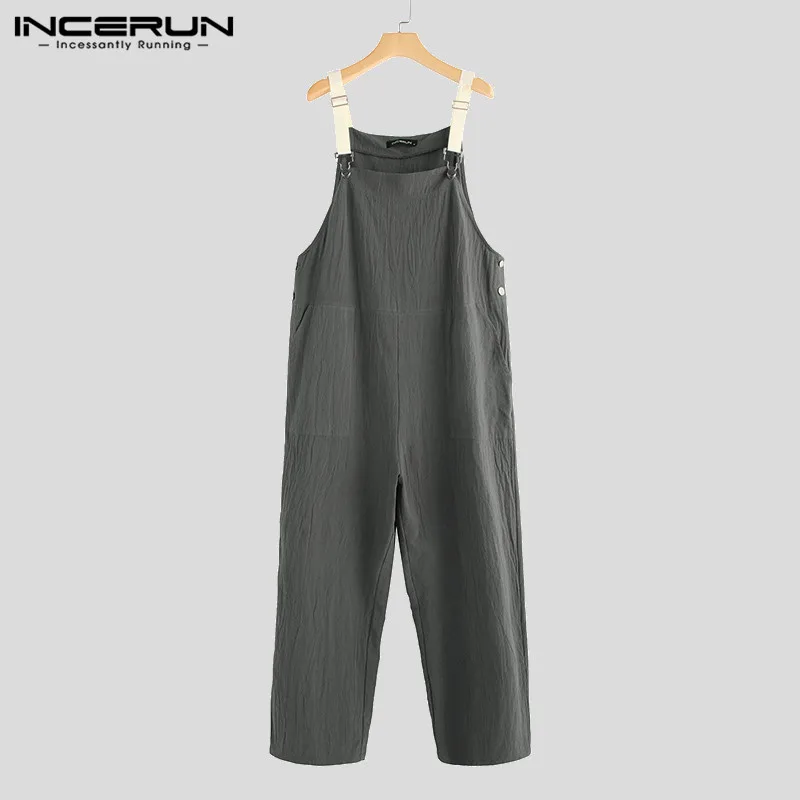 INCERUN Wide Leg Solid Color Suspenders Pants Men Jumpsuit Pockets Fashion Casual Loose Rompers Overalls Men Streetwear 5XL