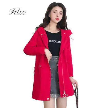

Women Fashion Spring Autumn Casual Outerwear 2019 New Korean Slim Hooded Zipper Medium Long Khaki Trench Coat Windbreaker