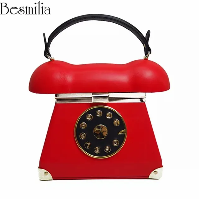 Vintage Telephone Shape Women's Handbag Creative PU Leather Shoulder