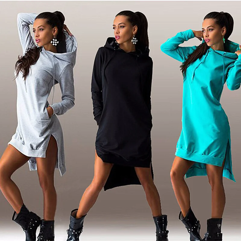 

2019 Hot Sale Casual Solid Pockets Cotton Loose Autumn Dress Women's Hooded Long Sleeve Bodycon Female Dresses