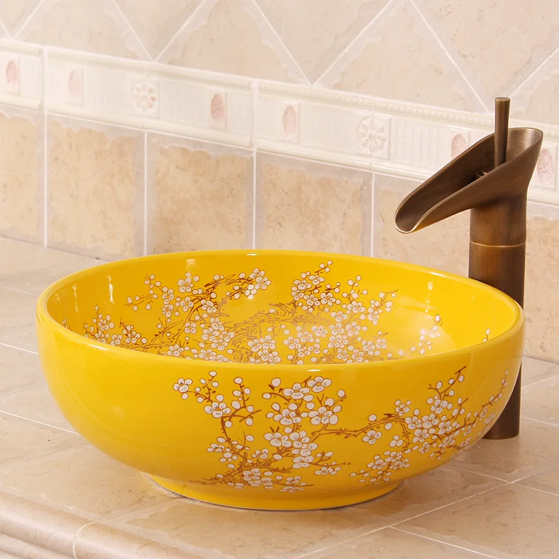 China Artistic Handmade Engraving Ceramic Lavobo Round Countertop size of wash basin plum blossom painting white (1)