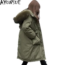 Новое поступление, женские пуховые пальто, Высококачественная куртка с заклепкой Женское пальто, свободная парка с натуральным лисьим меховым воротником, плотное длинное пальто ST438