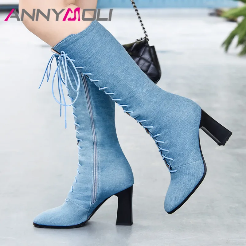 

ANNYMOLI Autumn Knee High Boots Women Boots Denim Thick Heels Tall Boots Zipper Extreme High Heel Shoes Female Spring Size 34-40