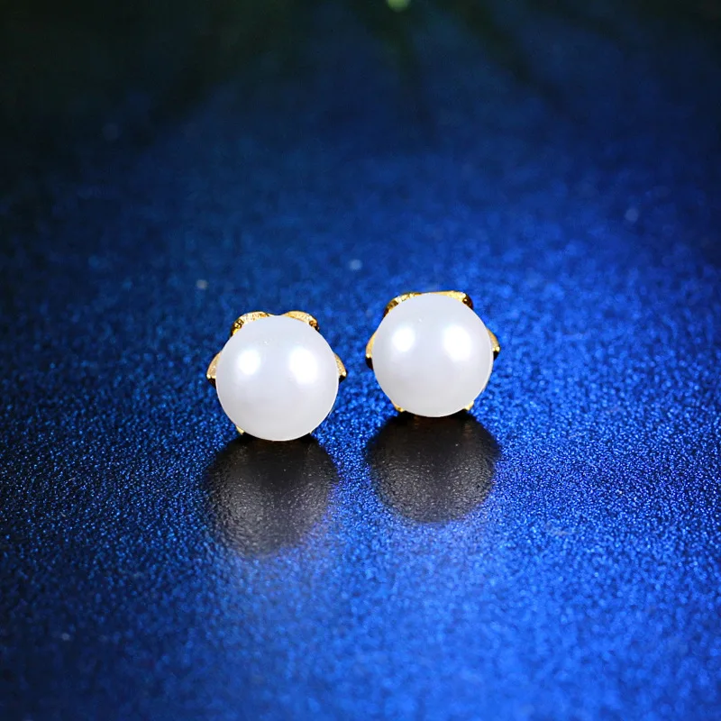YWM 925 Sterling Silver Egg Shell Beads Golden Egg Pearl Stud Earrings Simple Earrings for Women Girls Fine Jewelry