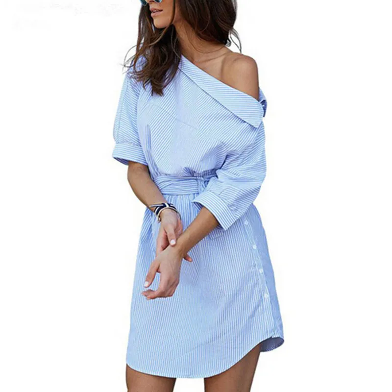 Модное женское платье в синюю полоску с одним плечом, сексуальное Элегантное повседневное пляжное платье с разрезом по бокам и рукавом до локтя с поясом, Vestidos - Цвет: 1