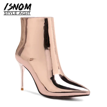 

ISNOM Plus Size 32-43 Mirror Pu High Heels Women Boots Pointed Toe Warm Footwear Party Ankle Boot Zip Shoes Woman 2018 Winter