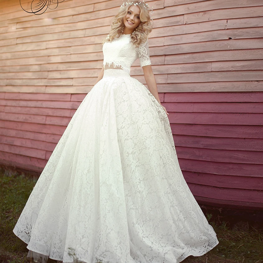 

vestido de noiva robe de mariee 2018 Elegant Two Pieces Short Sleeve Summer Lace Boho Bridal Gown mother of the bride dresses