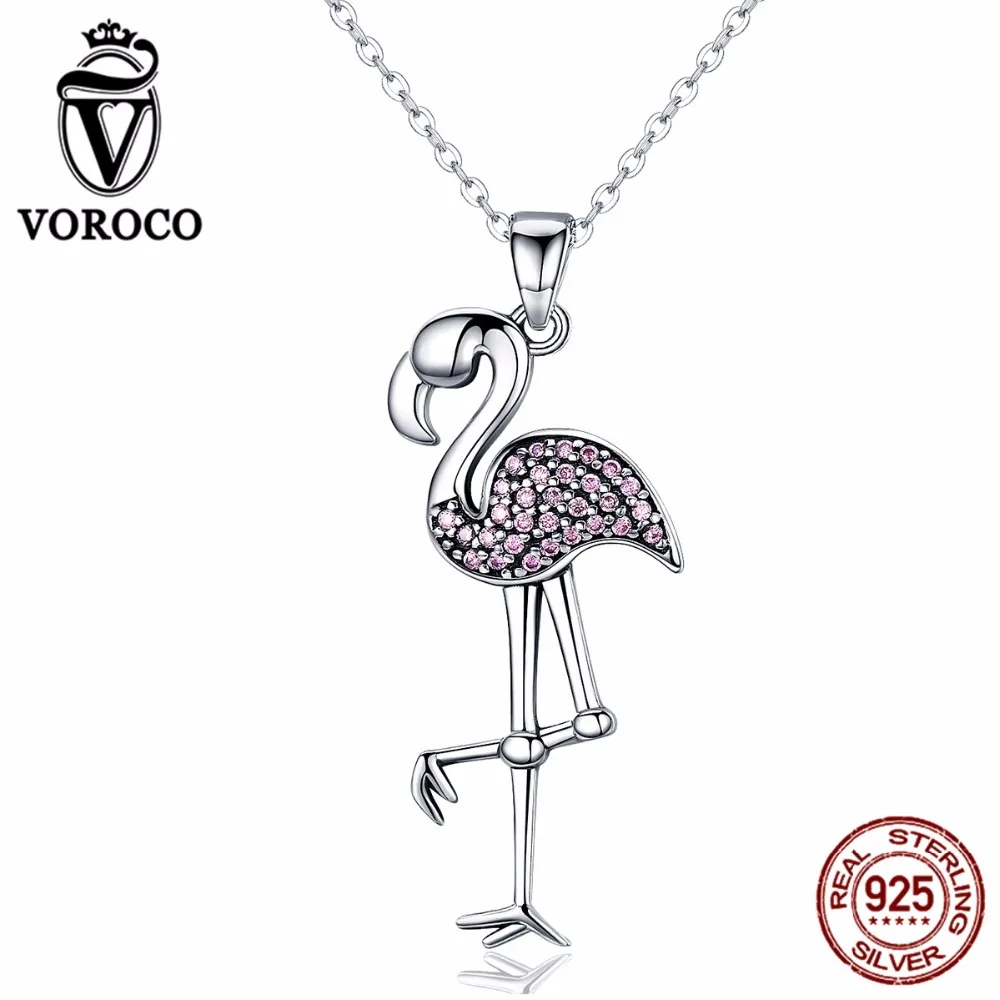 

VOROCO 925 Sterling Silver Popular Flamin Bird Animal Pendant Necklaces with Clear Pink CZ Women Luxury Jewelry Brincos BKN093