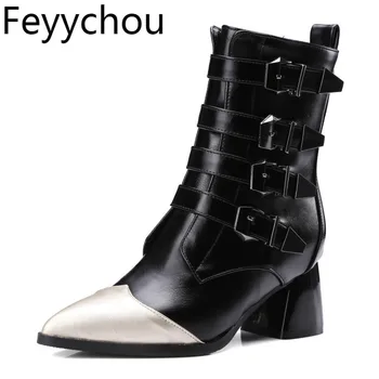 

Women's Boots Tip Color Matching Boots Zip Pu Sexy Fashion 2018 New Women Motorcycle Boot Black Gray Size 34-43