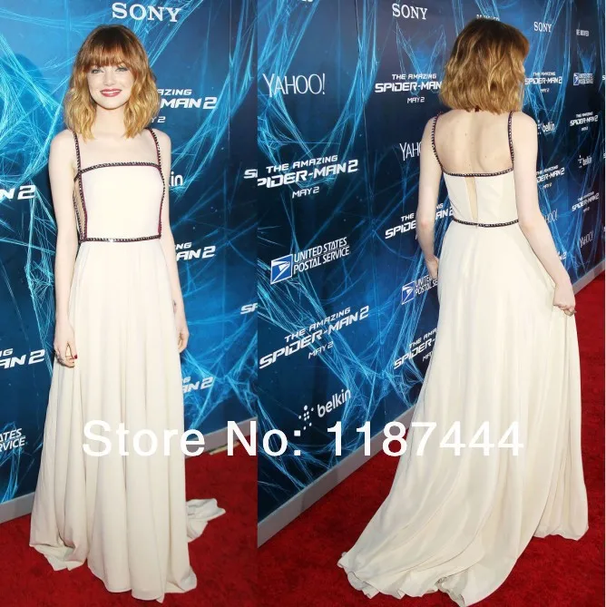Emma Stone White Strap Dress At Amazing Spider Man 2 World Emma Stone White Strap Dress At Amazing Spider Man 2 World Premiere Red Carpet Celebrity Skirts Prom Gown Free Shipping In Inspired Dresses From