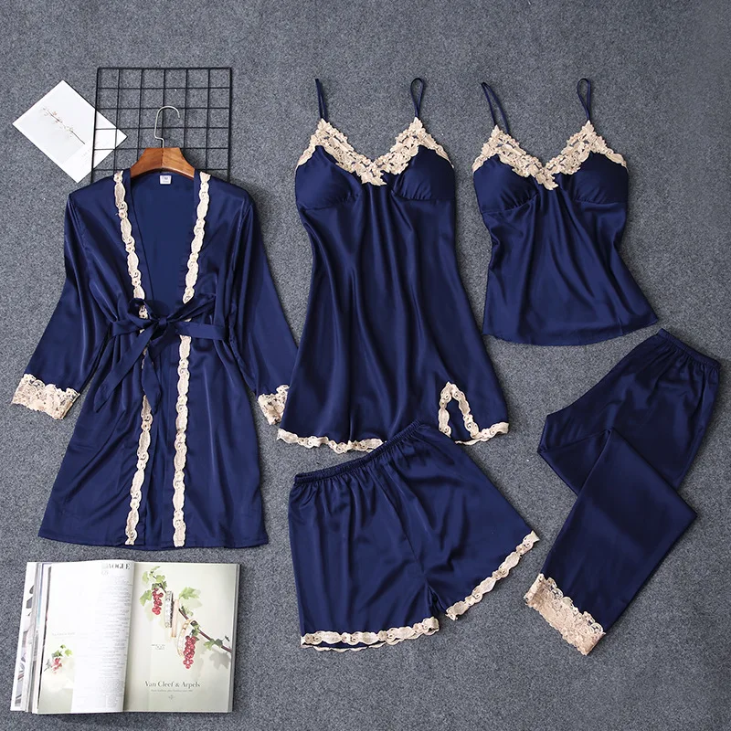 

Pajamas Women pajamas sets Sleepwear 5pcs/set nightgown Night suit Silk like sleepwear for women babydolls women pajamas set