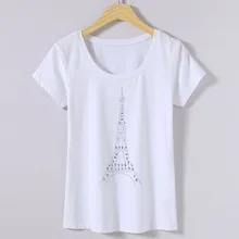 Европа Летняя женская уличная мода тонкая футболка с круглым вырезом и принтом башни Топы женские повседневные рубашки со стразами ручной работы