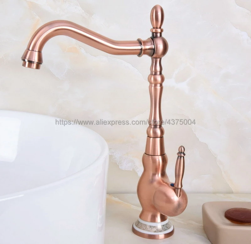 Deck Mounted Antique Red Copper Single Handle Hole Bathroom Sink Mixer Faucet Hot and Cold Water Mixer Tap Nnf641