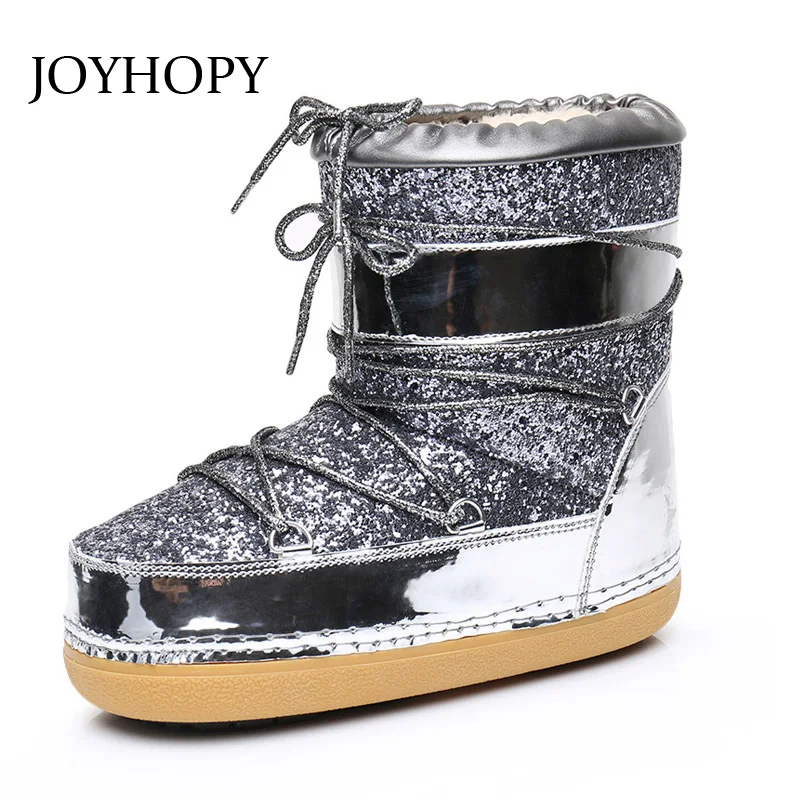 

JOYHOPY Winter Sequins Cloth Space Boots With Plush Women Warm Waterproof Snow Boots Thick Bottom Ski Shoes Woman AWB0031