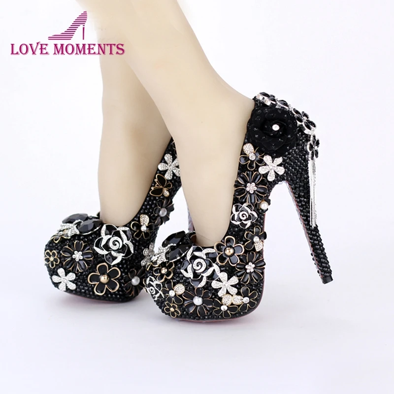 Womens High Heel Shoes Black Pearl Wedding Bridal Dress Shoes Round Toe Banquet Party Rhinestone Pumps 5 Inches Stiletto Heels