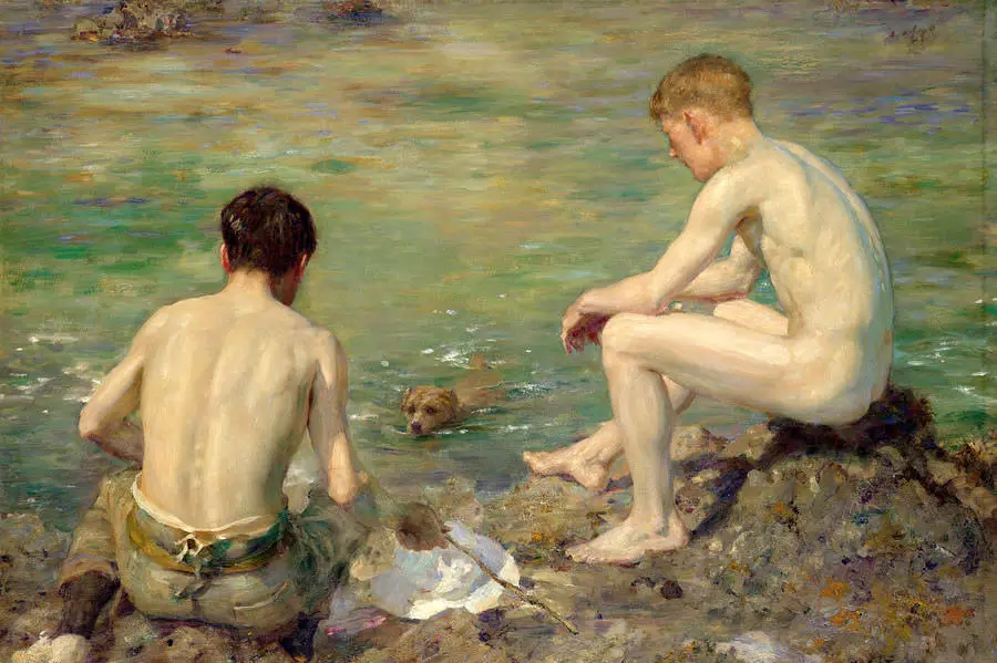 1693.74TRY |Oil painting Henry Scott Tuke gay Nude young boys swimming dog ...