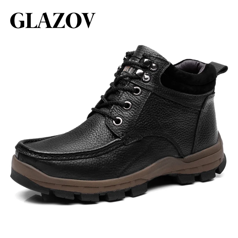 

GLAZOV Brand Winter Men Genuine Leather Shoes Fashion Warm Working Plush Ankle Boots Casual Lace Up Flats Male Snow Boots 38~48