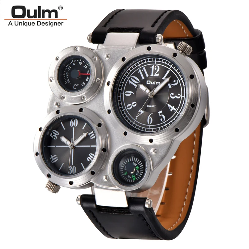 Big Face Oulm Luxury Brand Original Imported Quartz Watches Men Unique Design Dual Time Watch Decorative Compass Wristwatch images - 6