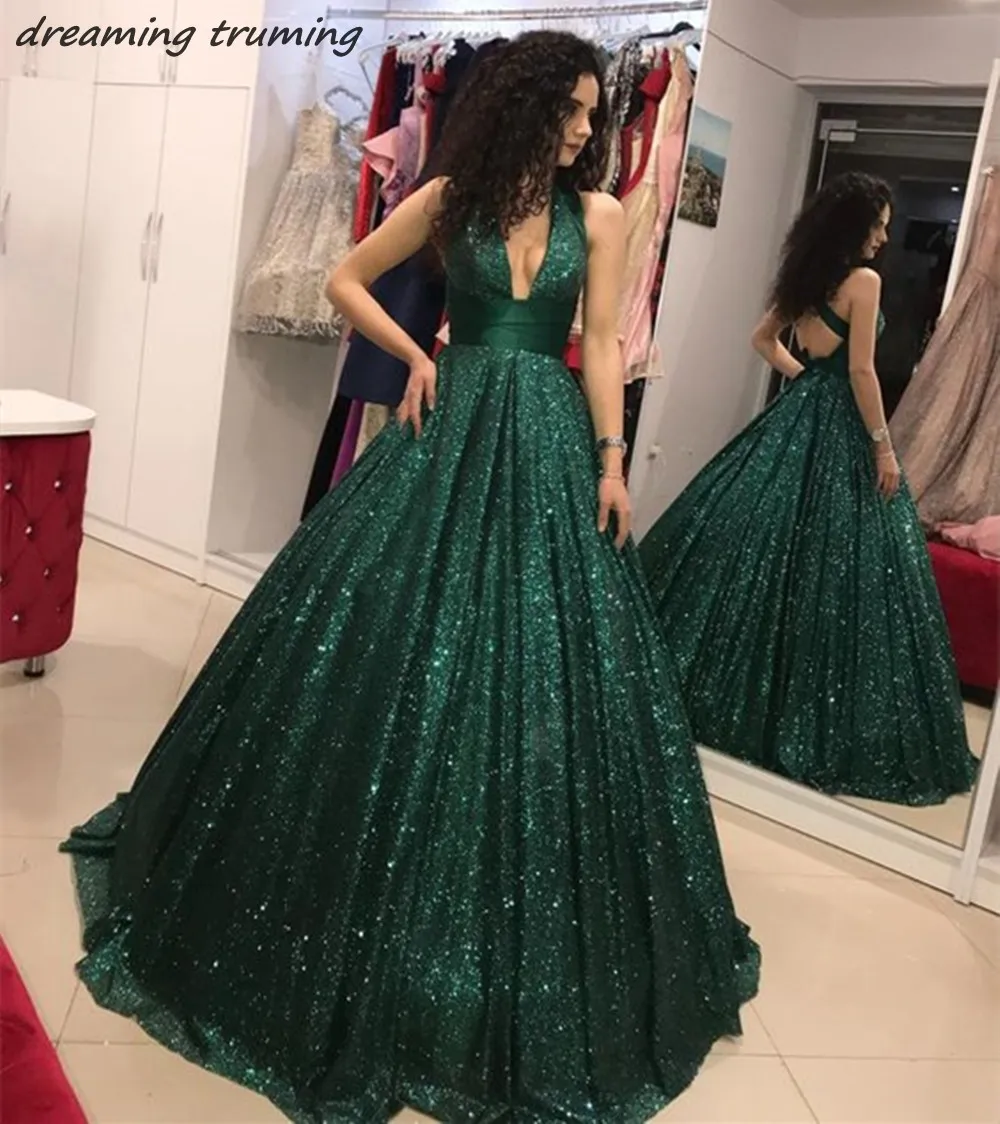 2019 изумрудно зеленый арабский вечернее платье платья для выпускного вечера с открытой спиной блестками Кафтан Дубай особых случаев