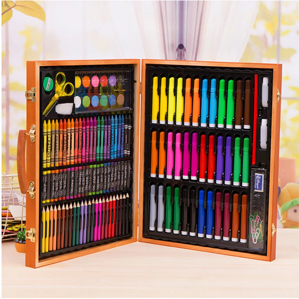 

150pcs/set Colouring Children Learning Wooden Box Water Color Pen Painting Gift Pencils Stationery Supplies Art