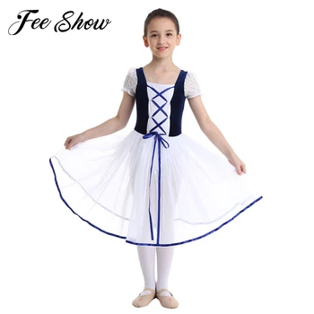 

Kids Girls Professional Ballet Tutu Dress Velvet Mesh Lacework Short Bubble Sleeves Ballet Dance Gymnastics Leotard Dress