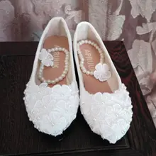 Свадебные туфли ручной работы с белым кружевом и жемчугом цвета слоновой кости; женские вечерние туфли подружки невесты с бусинами на высоком каблуке