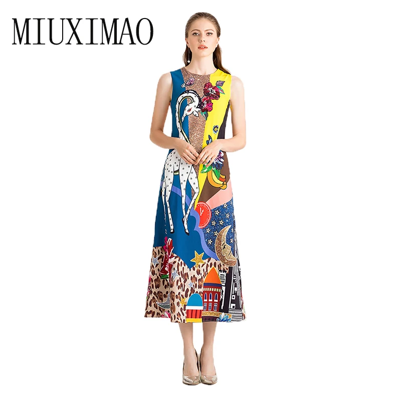 

Runway 2019 Spring & Summer party dress Newest Fashion O-Neck Print Giraffe Diamonds Casual Elegant Long Dress Women