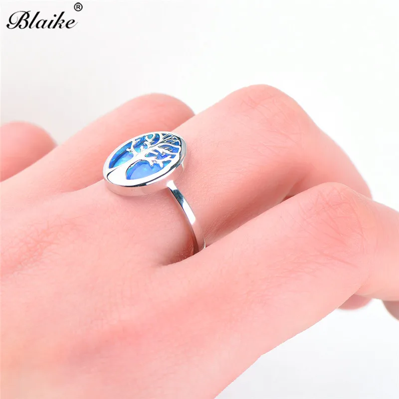 Blaike Luxury Blue/White Fire Opal Cute Life Tree Rings For Women Men 925 Sterling Silver Birthstone Fine Jewelry Graduate Gift