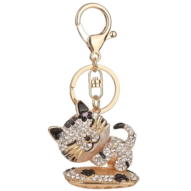 New Fashion Style Crystal Keychain Cute Cat Keyring Sleepy Small Cat