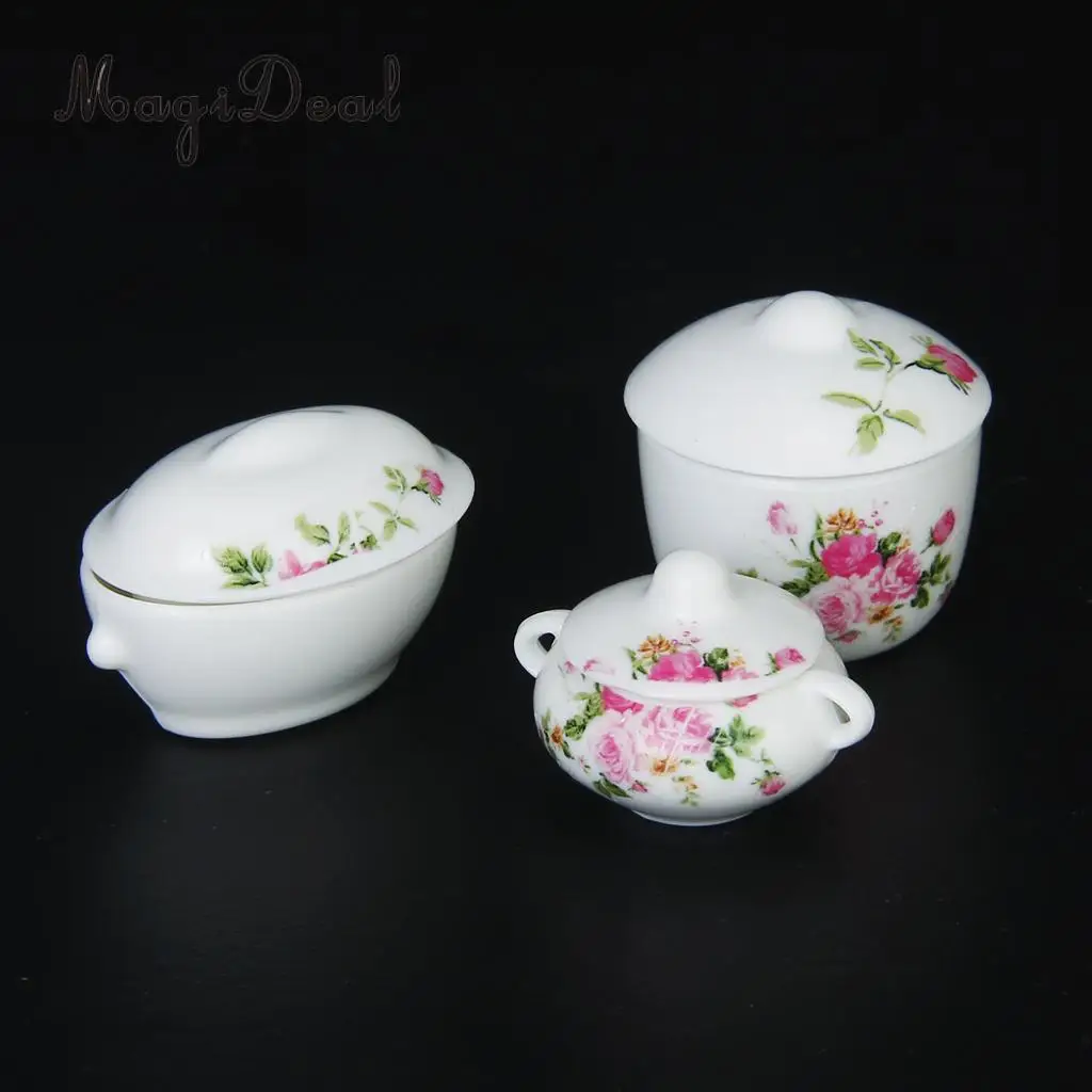MagiDeal 3Pcs Doll House Kitchen Miniature Casserole Pot Bowl Lid with Floral Pattern for Interior Room Model Kids Role Play