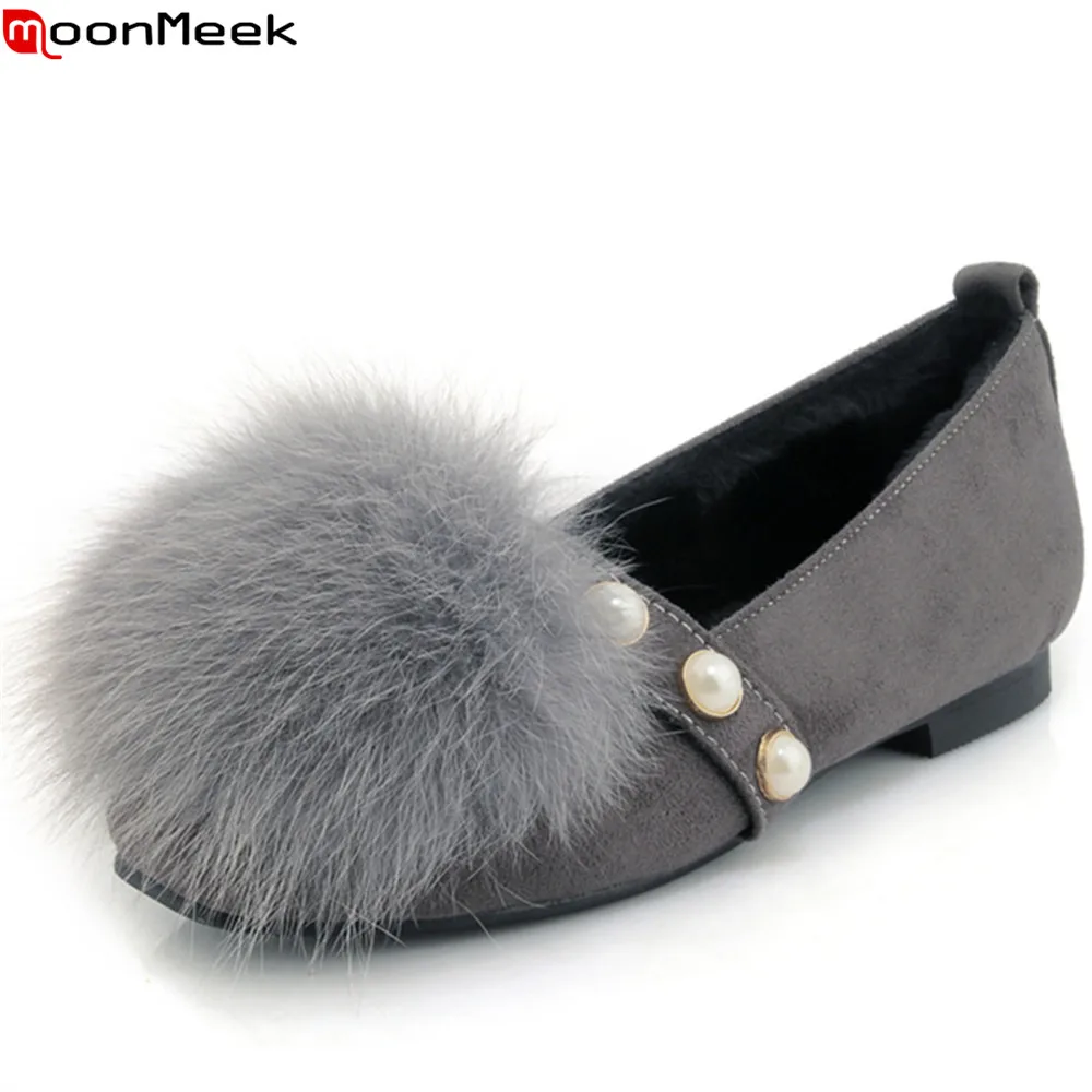 

MoonMeek black gray fashion women shoes round toe shallow leisure comfortable flats shoes fur ladies prom shoes big size 33-45