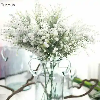 

10pcs Artificial Plastic Babysbreath Flowers Home Wedding Party Decoration with Fake Snow Covered Baby Breath Green Plants