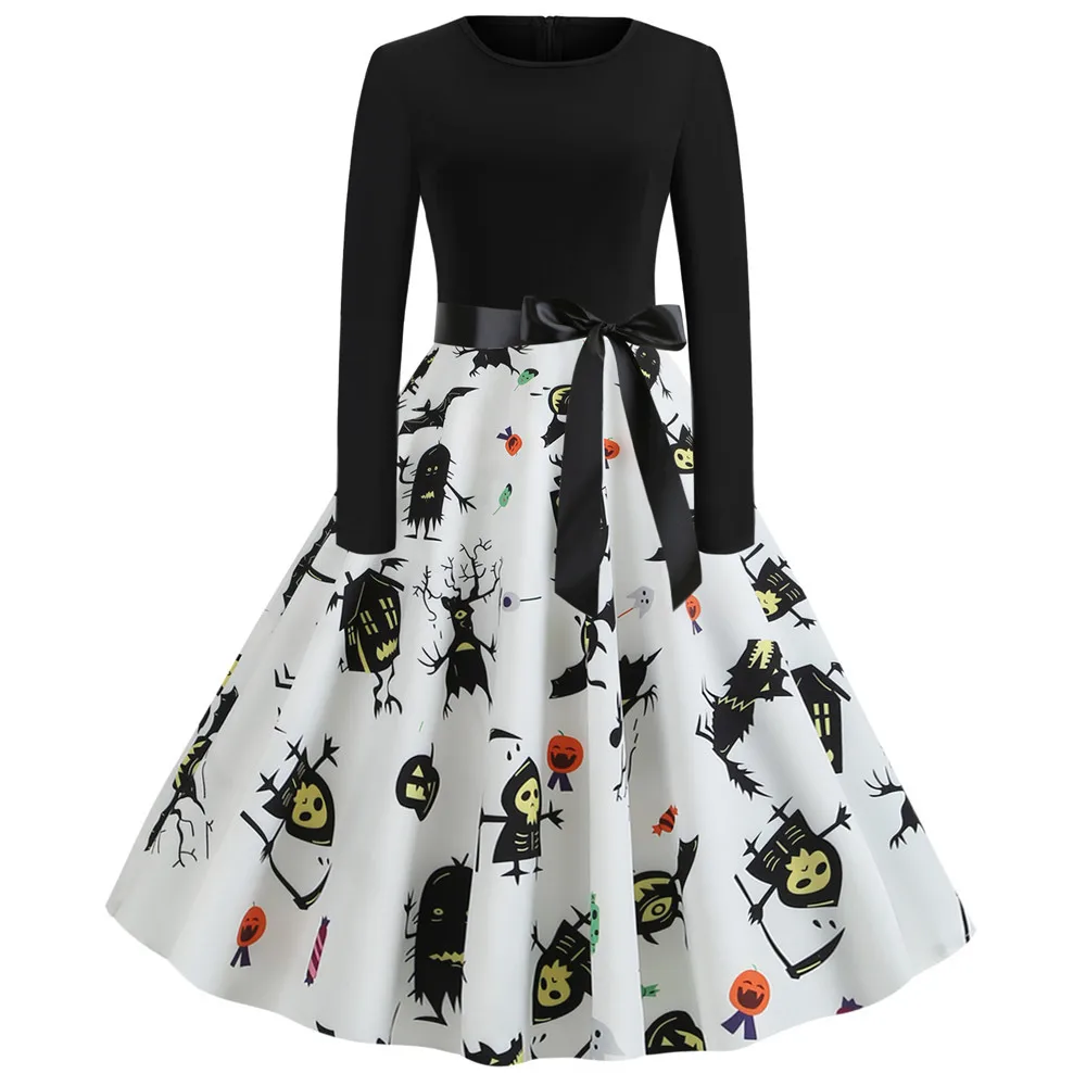 

Costume Halloween Femme 2019 Winter Autumn Nightmare Before Christmas Dress Women Skull Halloween Party Dresses Vintage Pinup
