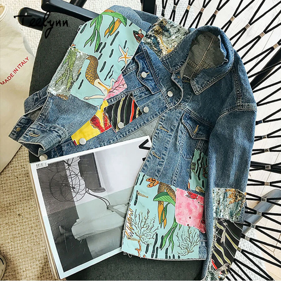 Automne Manteau Boho Broderie Longue Pour Qppliques Teelynn Animé Femmes Jean Veste Wintage Dessin En Manche Les Motif Atwqpdx7w
