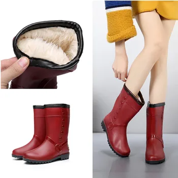 

Rubber Rain Boots Women Pvc Warm Mid-calf Red 2019 with Fur Winter Fashion Waterproof Water Shoes Platform Rainboots Ladies Hot