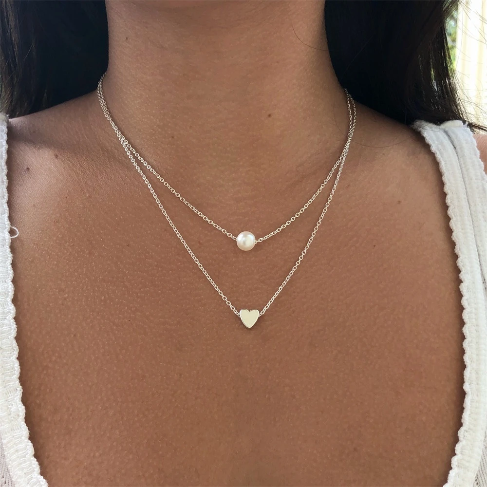 Gargantilla de doble cadena de Color dorado para mujer, collares de perlas de imitación, colgante corazón delicado collar con, bisutería 2019| Collares tipo gargantilla| - AliExpress