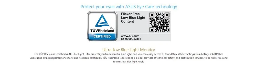 Монитор ASUS VA209N Eye Care-19,5 дюймов, WXGA+. Ips, без мерцания, фильтр синий светильник, антибликовый