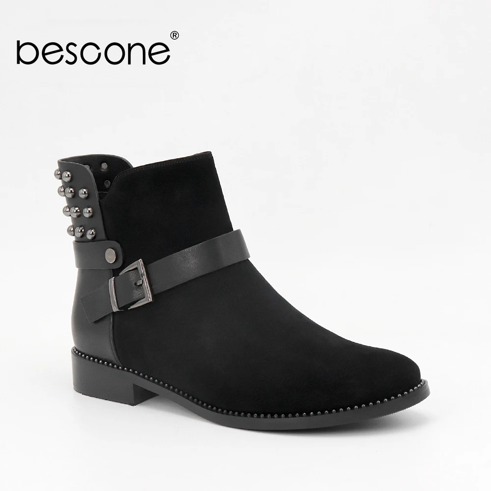 

BESCONE New Kid Suede Women Ankle Boots Fashion Buckle Punk Decoration Low Heel Shoes Round Toe Square Heel Ladies Boots BL23